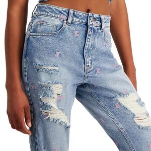Tinseltown Butterfly Embroidered Mom Jeans Size 9 Frayed-Hem Ripped Grunge Y2K